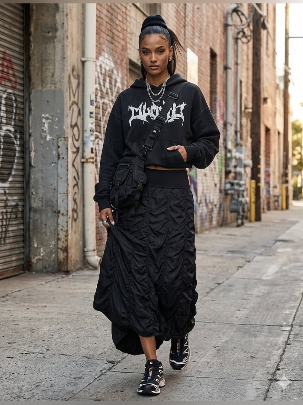 Elan Ruched Maxi Skirt – Black Wide Foldover Waistband Streetwear Maxi